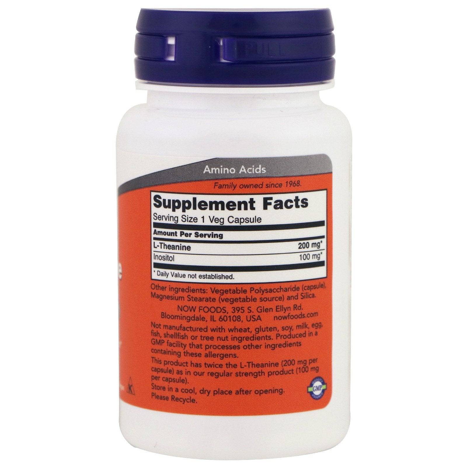 MKSTAVRINOS NOW Foods L-Theanine supplement in 60 veggie capsules, providing 200 mg of calming amino acid per capsule