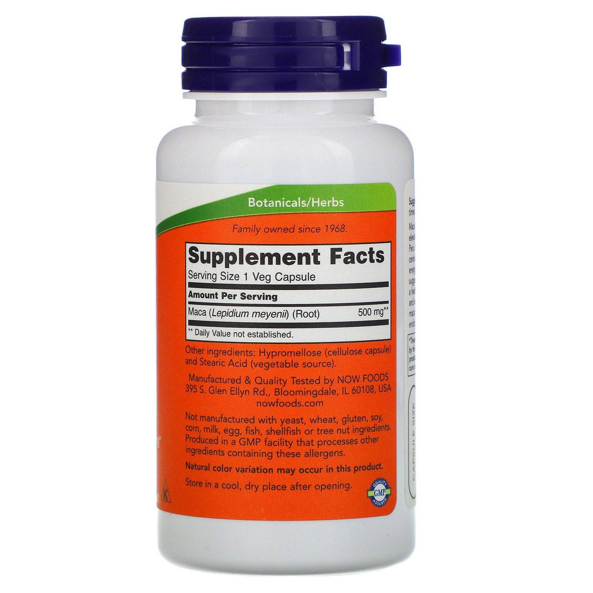 Now Foods Maca 500 mg supplement in a bottle of 100 vegetarian capsules, showcasing the supplement capsules and label.