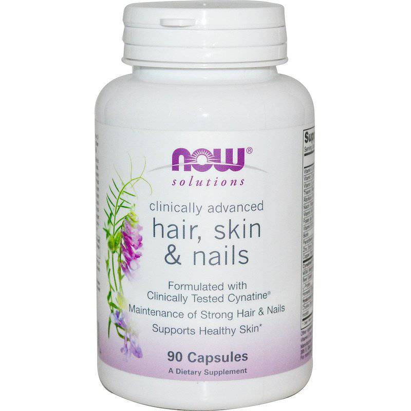 Old Products Now Foods Hair, Skin & Nails capsules, 90-count, natural dietary supplement for healthy hair, skin, and nails.