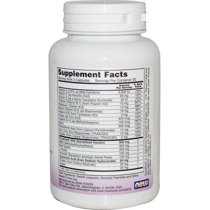 Old Products Now Foods Hair, Skin & Nails supplement capsules, showing 90 capsules in a clear bottle on a white background.