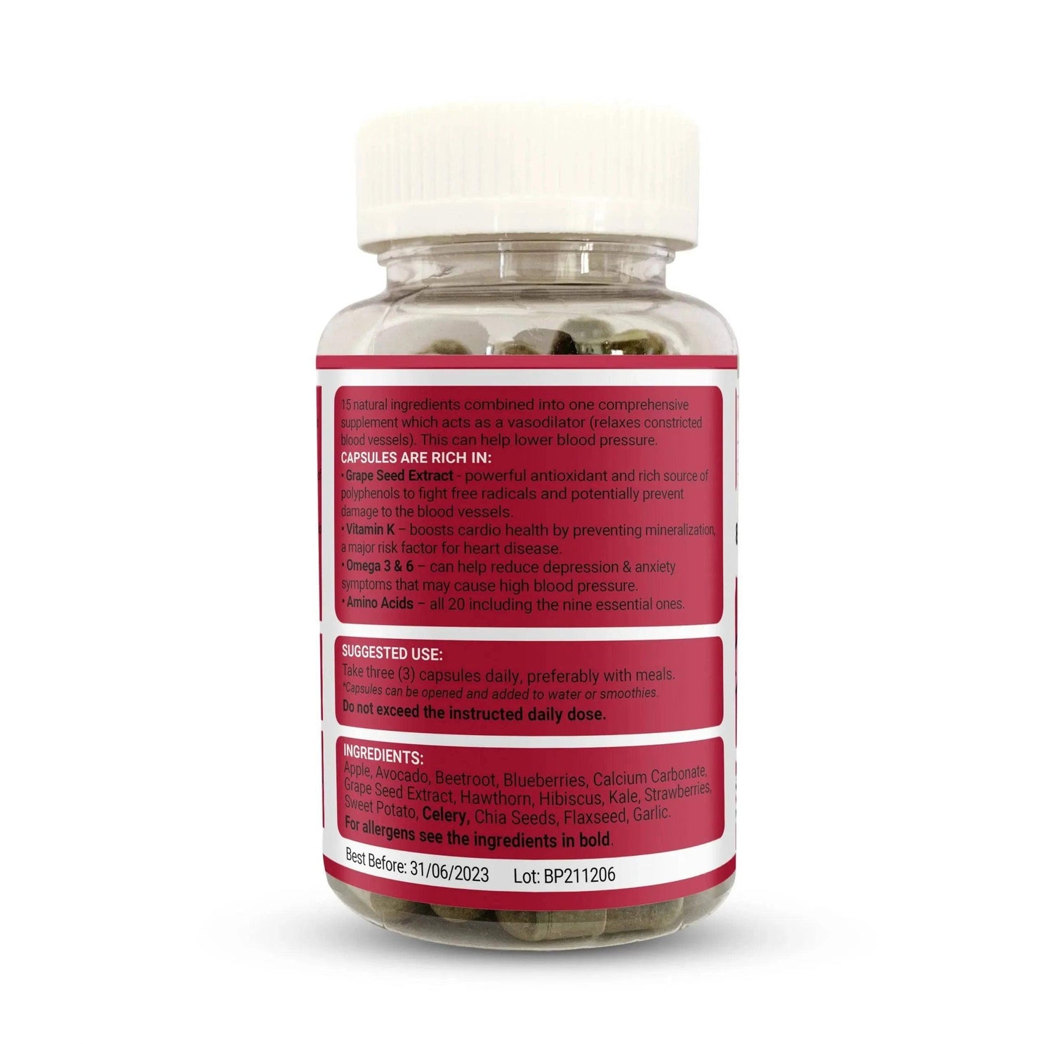 Blood pressure supplement by Strength & Spices featuring 60 capsules with natural ingredients and spice blends.