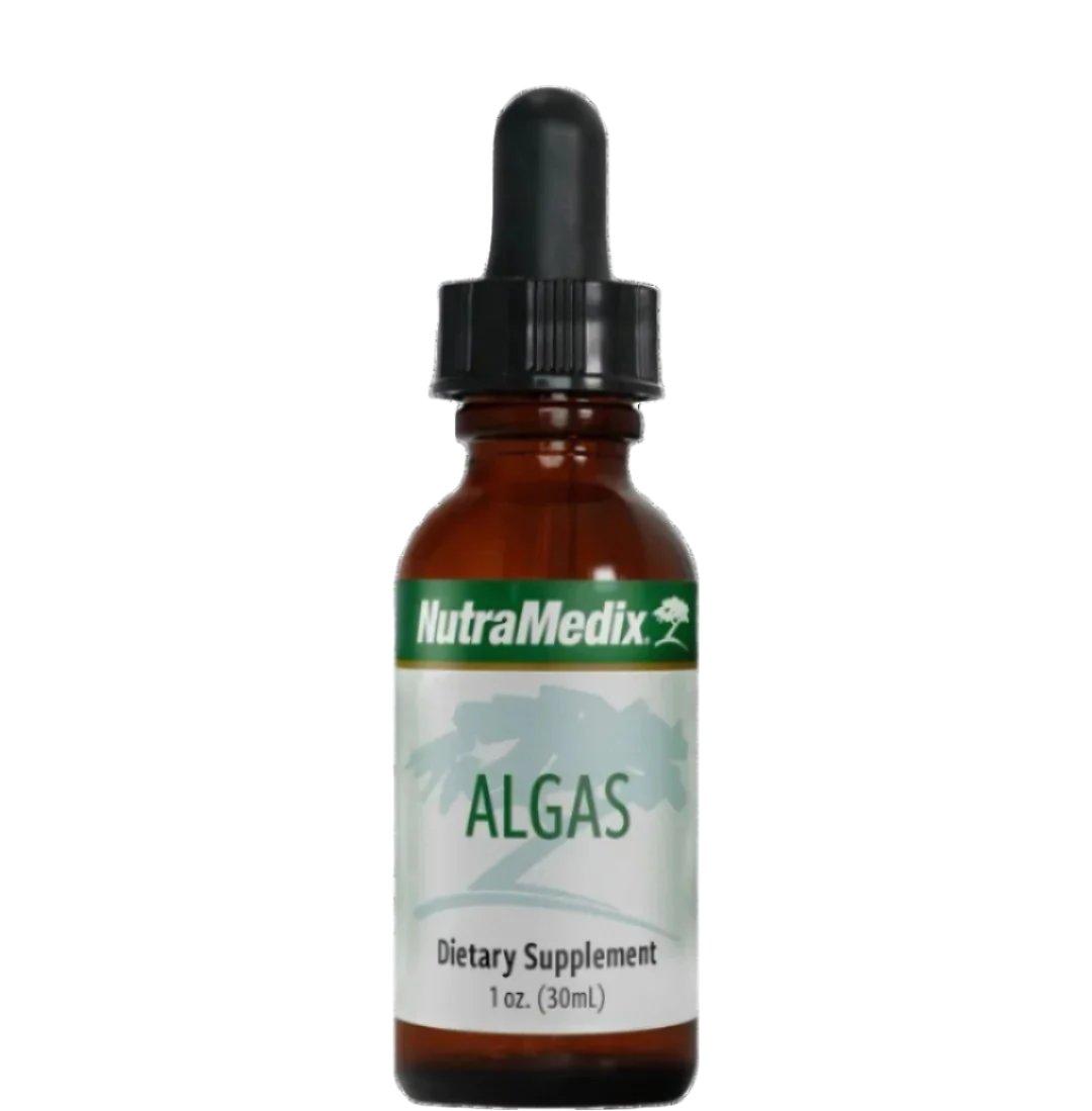 Sentosa Nutramedix ALGAS metal detox supplement bottle with label and capsules on a white background.