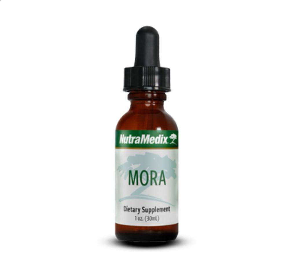 Screenshot of Nutramedix MORA Microbial Defense supplement label by Sentosa showing product details and packaging design.
