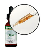 SENTOSA Nutramedix Quina microbial defense supplement bottle with label and cap, close-up image showing product details.