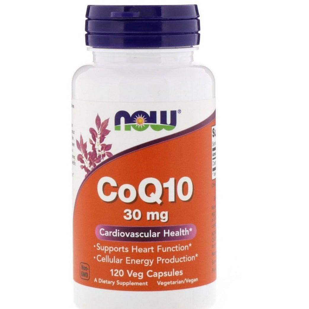 Vegetarian capsules of NOW Foods CoQ10 30 mg supplement, 60 soft gel caps for cardiovascular health.