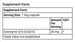 Bottle of NOW Foods CoQ10 30 mg supplement in 60 vegetarian capsules, with supplement facts label visible.