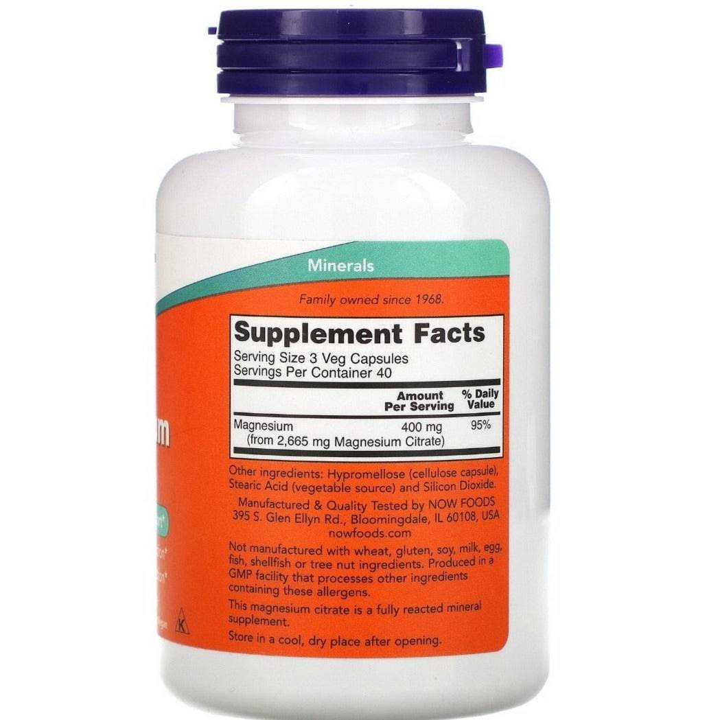 Vegetarian magnesium citrate supplement capsules by MKSTAVRINOS, 120-count bottle, shown in a clear container with capsules visible.