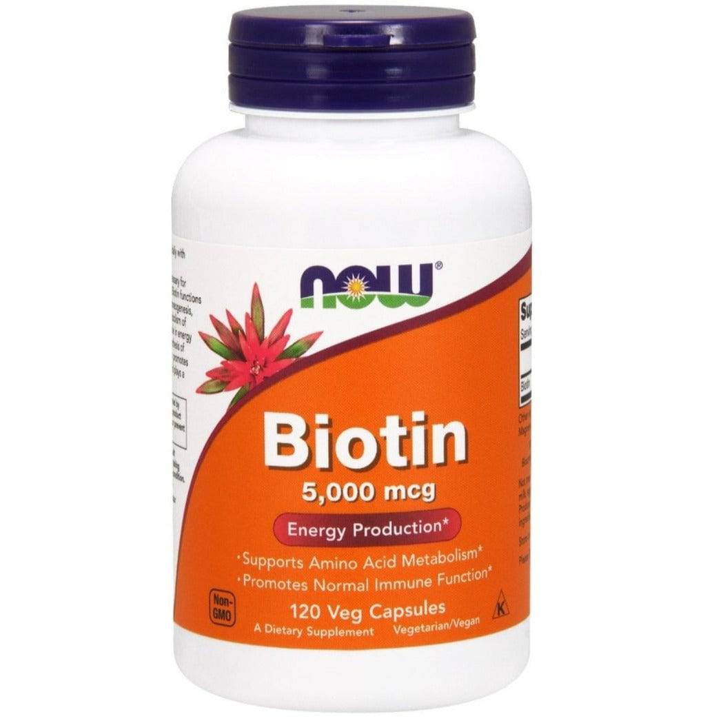 Now Foods Biotin 5,000 mcg supplement in 120 vegetarian capsules, with the bottle and label visible.