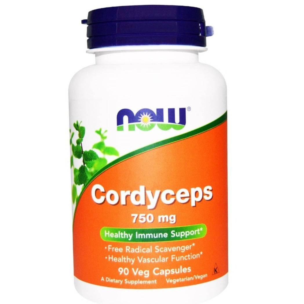 Old Products Now Foods Cordyceps supplement capsules, 750 mg, 90 vegetarian capsules in a bottle.
