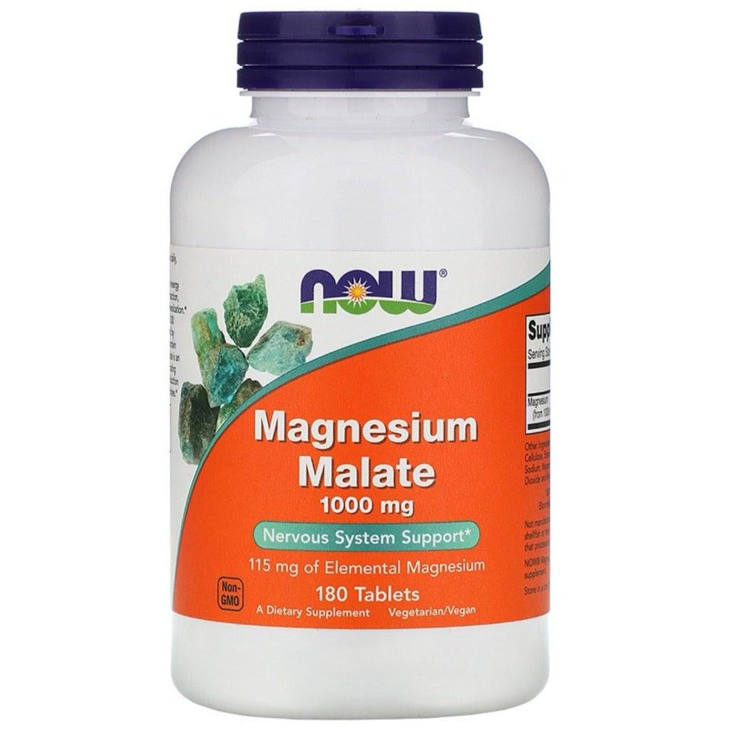 MKSTAVRINOS NOW Foods Magnesium Malate supplement bottle with 180 tablets, dietary supplement for muscle support and energy.