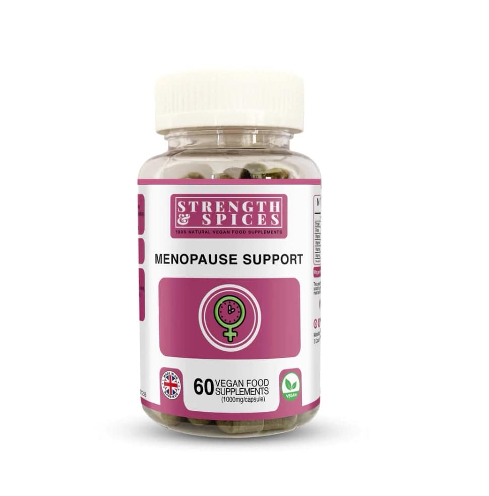 Menopause support supplement by Strength & Spices with 60 capsules, showcasing the product packaging and capsules.