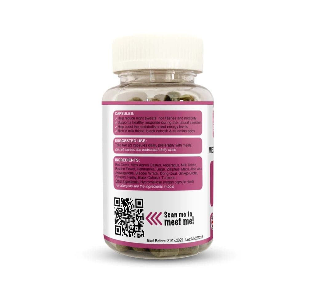 Menopause support supplement by Strength & Spices, 60 capsules, shown in the image with supplement bottle and label details.