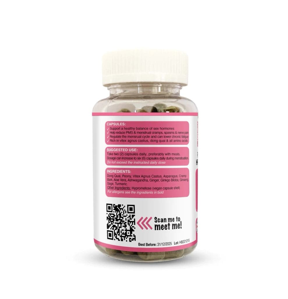 Bottle of Strength & Spices PMS Relief & Hormone Balance supplement capsules shown in a close-up image.