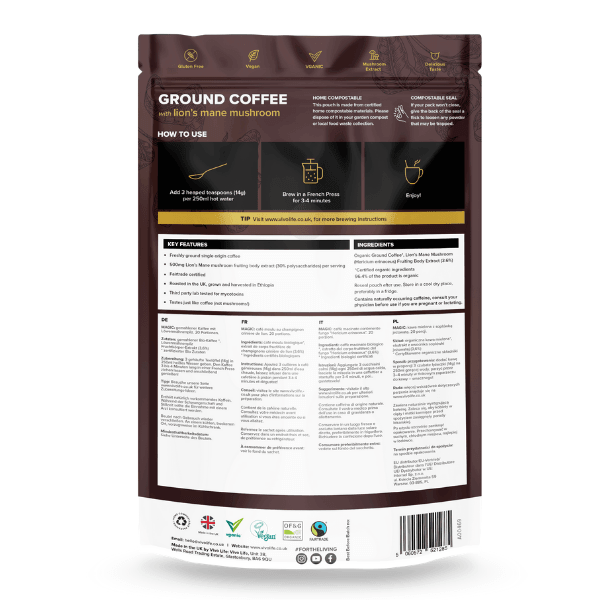 Vivo Life Magic Organic Coffee with Lion’s Mane Mushroom in a bag, showcasing the coffee packaging with branding and product details.