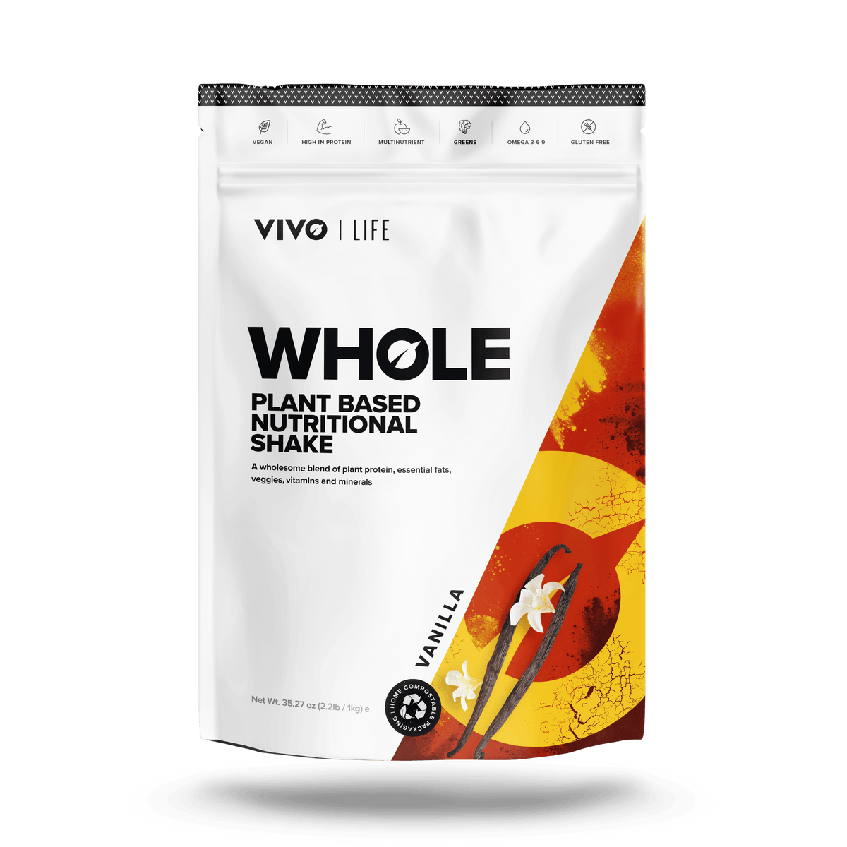 Vivo Life Whole Plant-Based Nutritional Shake supplement pouch with vanilla flavor, showcasing the front label.