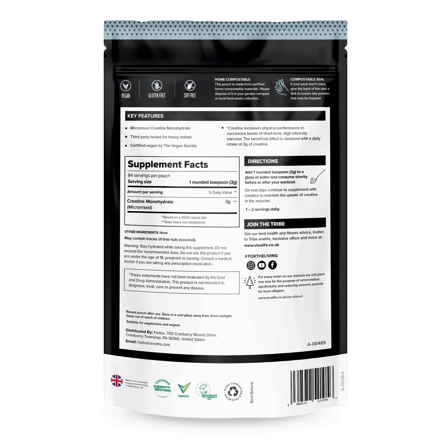 Vivo Life ultra-pure micronized creatine monohydrate supplement container with label and powder scoop, front view.