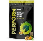 Large container of VIVO LIFE Perform Raw Plant Protein & BCAA vegan protein powder with a green label and scoop included.